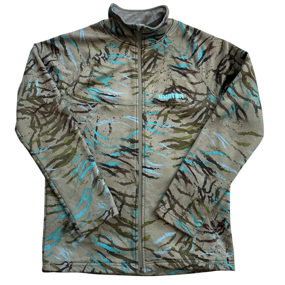 Burton Full Zip Fleece Jacket Mens M Tan Tiger Stripe Camo Excellent Mid Layer
